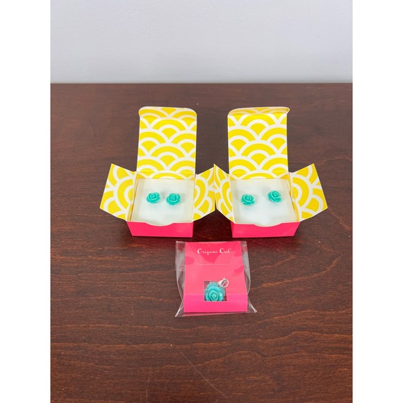 Set of 2 New Origami Owl Aqua Rose Stud Earrings and Aqua Rose Dangle - Picture 2 of 6